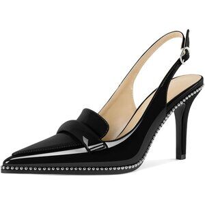 Women Black Stiletto Beaded Pointed Toe Shoes Slip On Loafers Slingback Heels